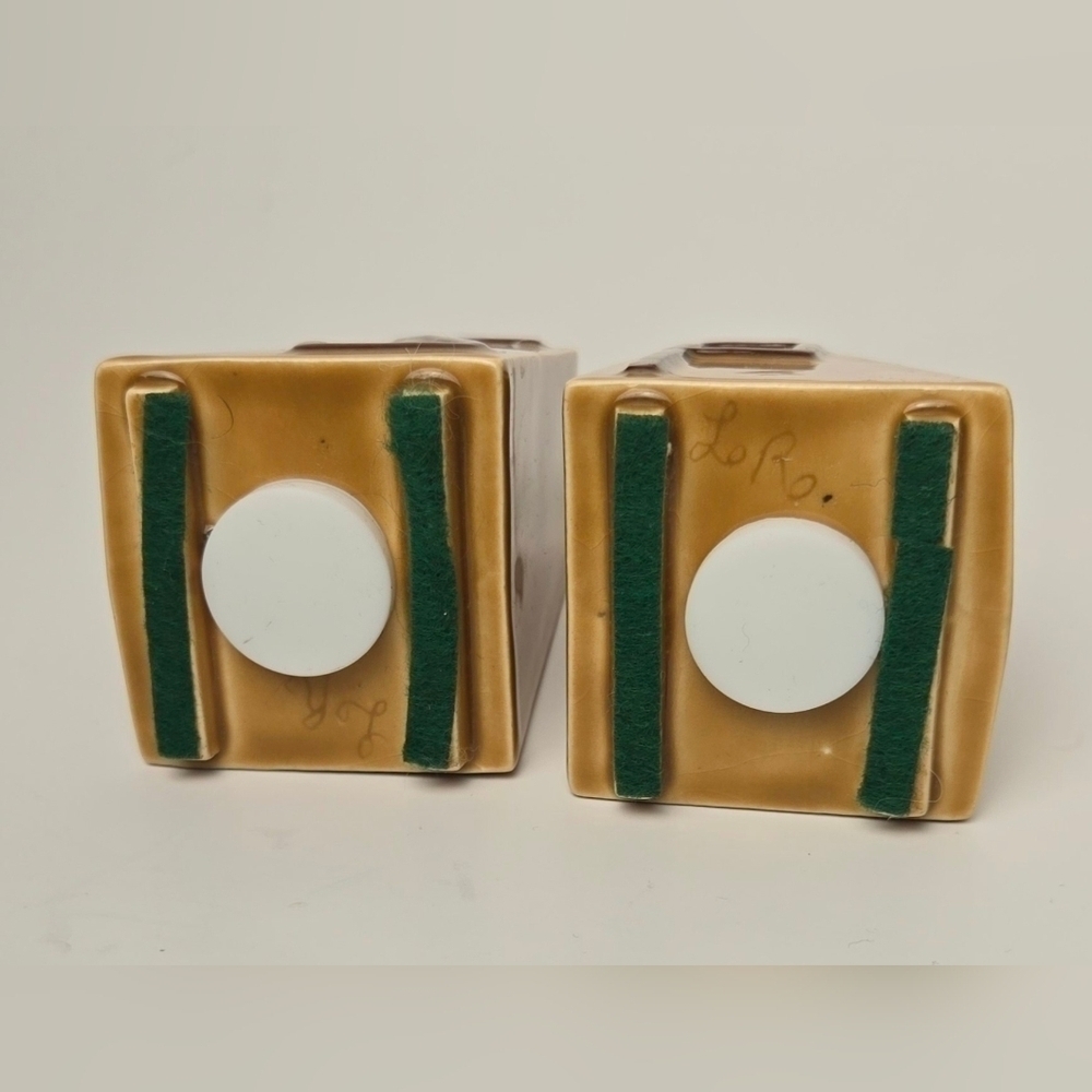 Vintage LeRoi MCM Salt & Pepper Shakers Geometric Tan Brown Ceramic - Picture 8 of 9